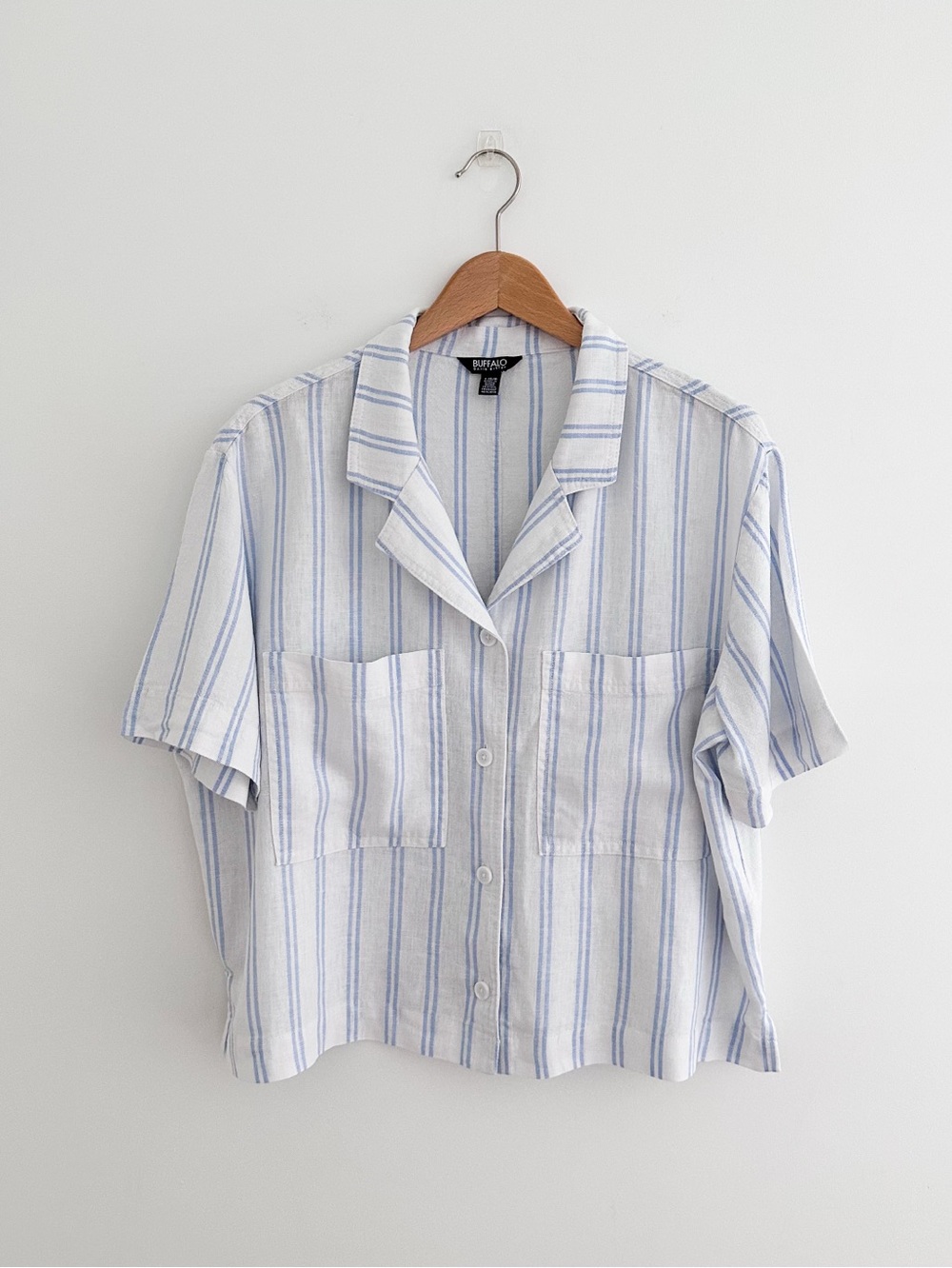 Buffalo David Bitton Linen Blend Striped Camp Shirt Blue White Boxy Button Down